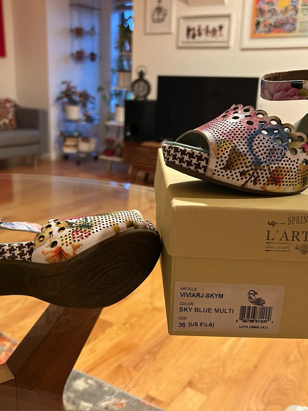 L'ATISTE Sky Blue Multi Floral Perforated Wedge Sandals